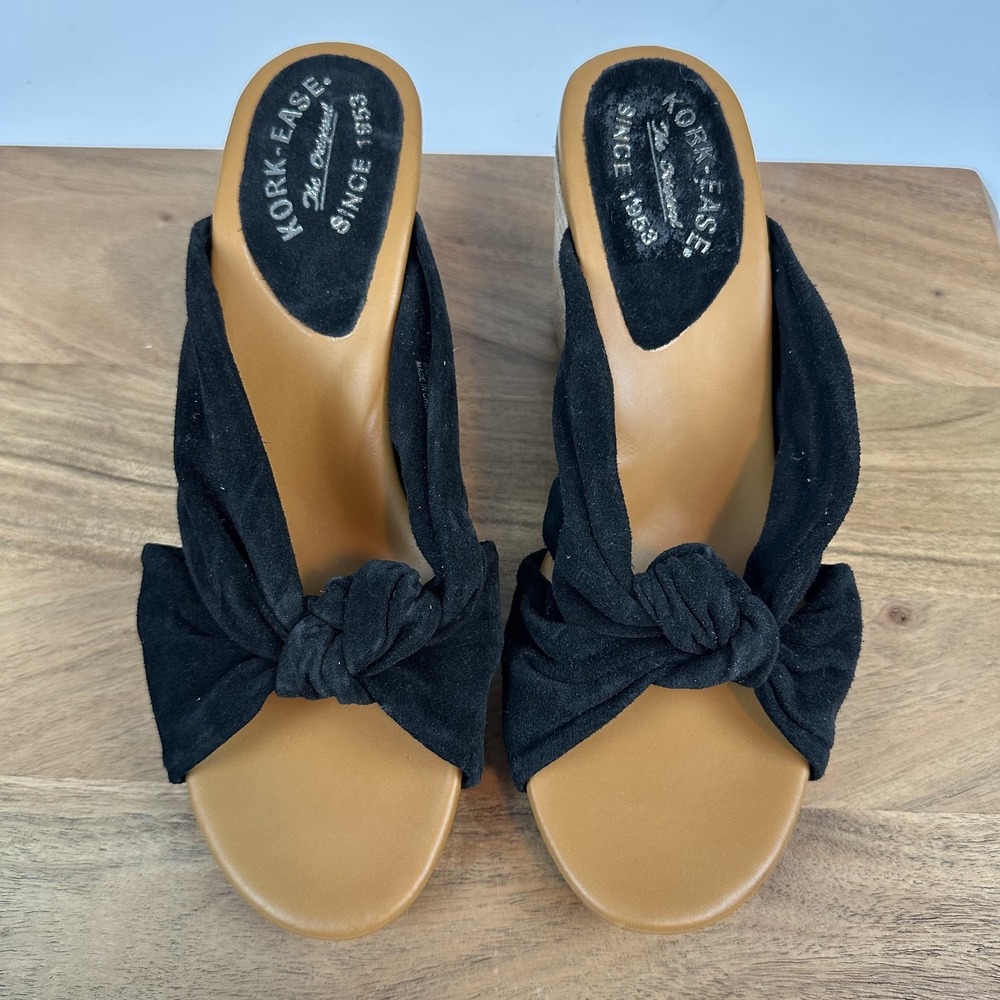 New Womens Kork-Ease Haya Black Suede Knot Platform Heeled Slide Sandals Size 10
